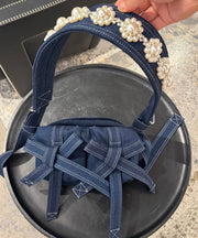 2025 New Denim Blue Versatile Bow Pearl Shoulder Bag