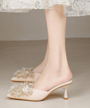 2025 New French Apricot Satin Zircon High Heels Slide Sandals