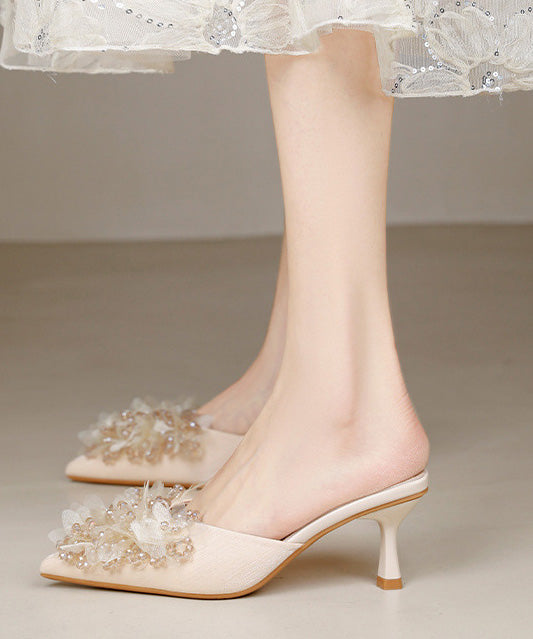 2025 New French Apricot Satin Zircon High Heels Slide Sandals