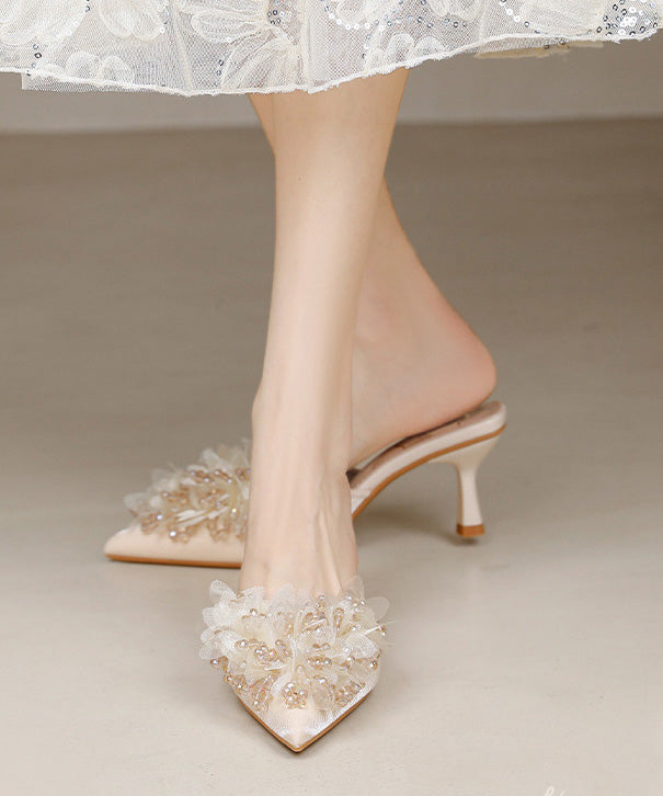 2025 New French Apricot Satin Zircon High Heels Slide Sandals