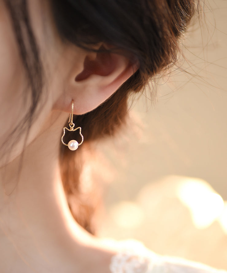 2025 New Gold Alloy Pearl Little Cat Drop Earrings