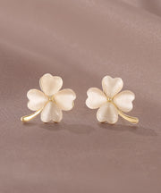 2025 New Gold Copper Alloy Clover Cat's Eye Stone Stud Earrings