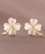 2025 New Gold Copper Alloy Clover Cat's Eye Stone Stud Earrings