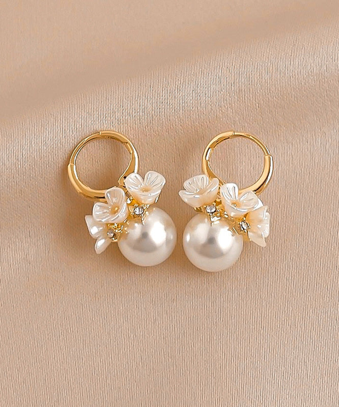 2025 New Gold Copper Alloy Zircon Pearl Floral Hoop Earrings