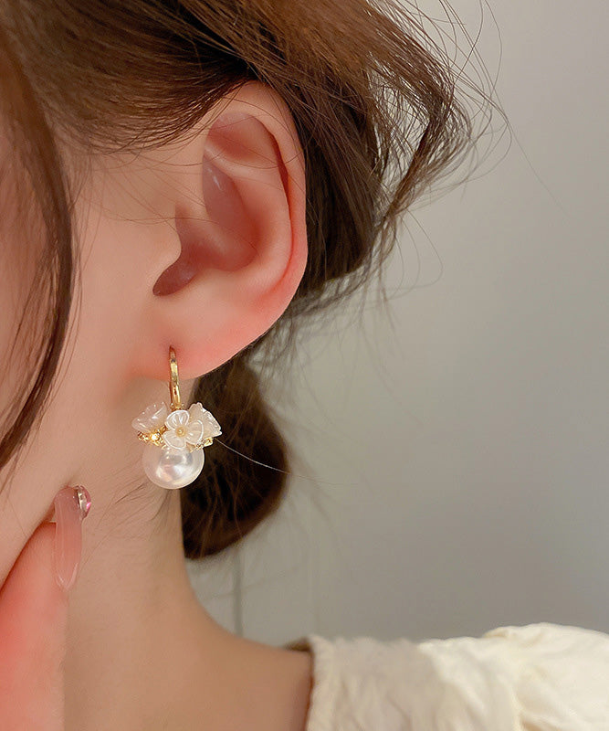 2025 New Gold Copper Alloy Zircon Pearl Floral Hoop Earrings