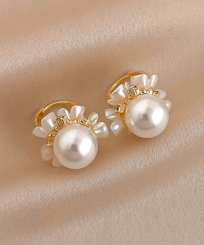 2025 New Gold Copper Alloy Zircon Pearl Floral Hoop Earrings