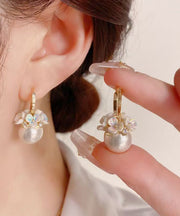 2025 New Gold Copper Alloy Zircon Pearl Floral Hoop Earrings