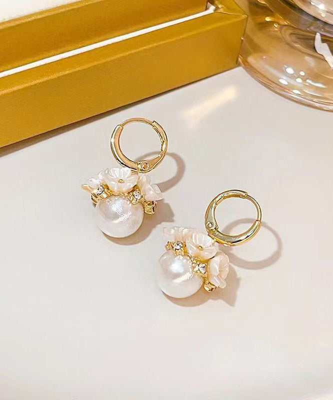 2025 New Gold Copper Alloy Zircon Pearl Floral Hoop Earrings