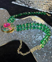 2025 New Green Alloy Inlaid Crystal Beading Pendant Necklace
