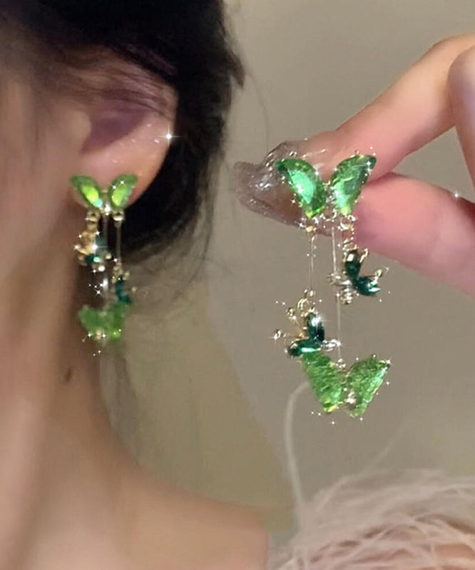 2025 New Green Copper Alloy Butterfly Tassel Drop Earrings