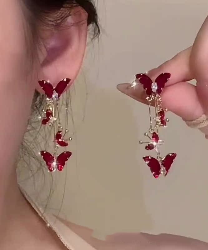 2025 New Green Copper Alloy Butterfly Tassel Drop Earrings
