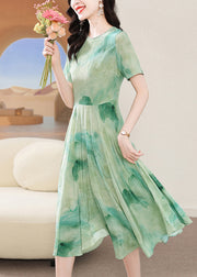 2025 New Green O Neck Print Silk Dress Summer