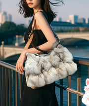 2025 New Grey Fox Fur Durable Crescent Shoulder Bag