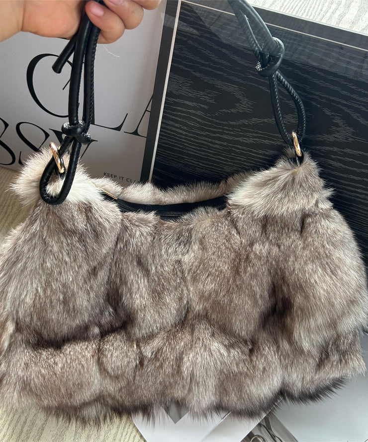 2025 New Grey Fox Fur Durable Crescent Shoulder Bag