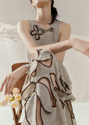 2025 New Khaki Floral Hollow Out Maxi Dresses Short Sleeve