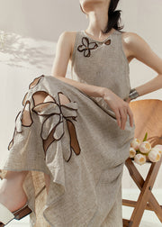 2025 New Khaki Floral Hollow Out Maxi Dresses Short Sleeve