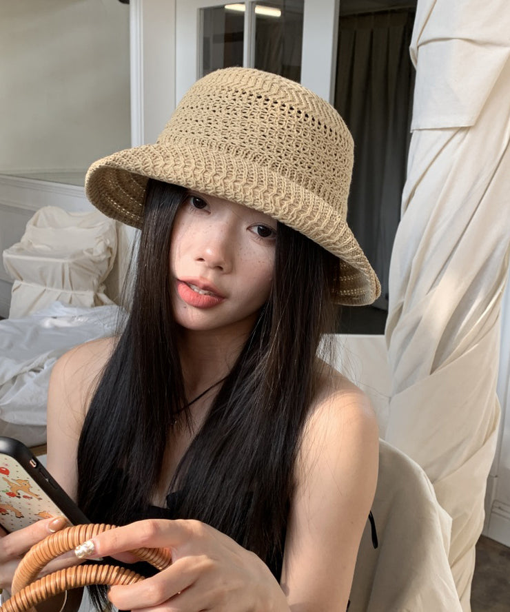 2025 New Khaki Hollow Out Breathable Straw Woven Bucket Hat