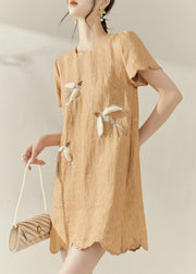2025 New Orange O-Neck Embroidered Ruffled Mid Dress Summer