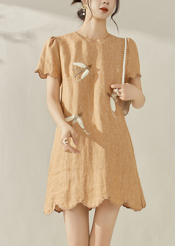 2025 New Orange O-Neck Embroidered Ruffled Mid Dress Summer