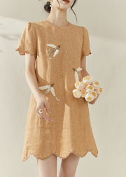 2025 New Orange O-Neck Embroidered Ruffled Mid Dress Summer