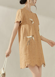 2025 New Orange O-Neck Embroidered Ruffled Mid Dress Summer