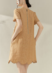 2025 New Orange O-Neck Embroidered Ruffled Mid Dress Summer