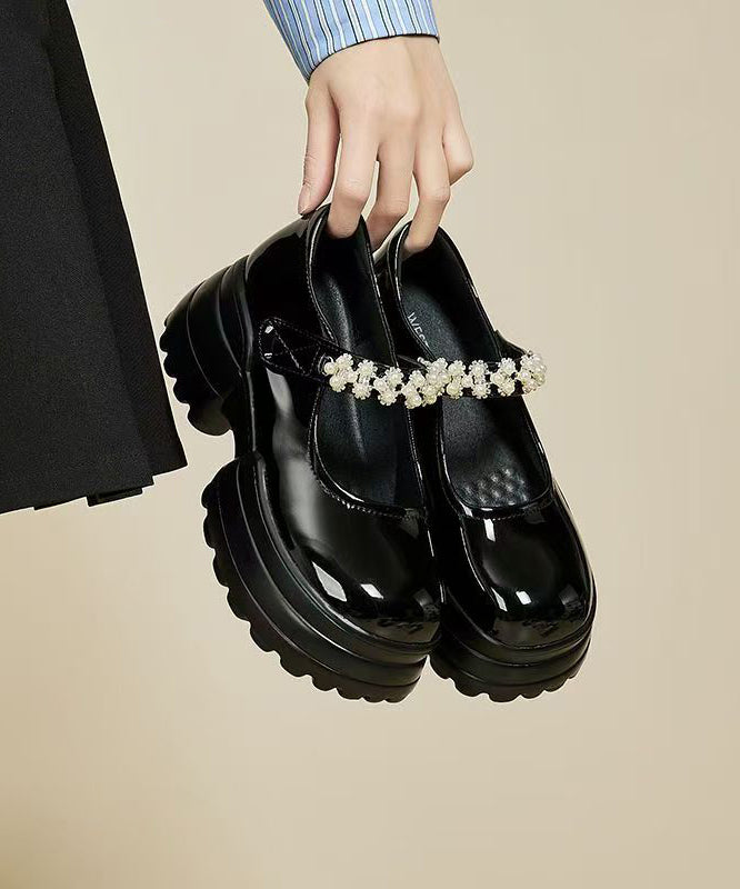 2025 New Platform Loafers Black Faux Leather Buckle Strap Zircon