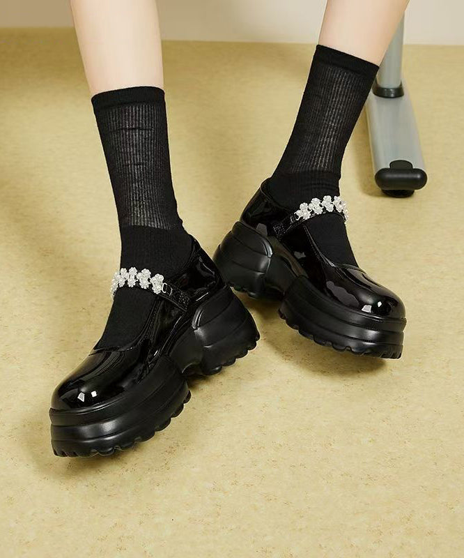 2025 New Platform Loafers Black Faux Leather Buckle Strap Zircon