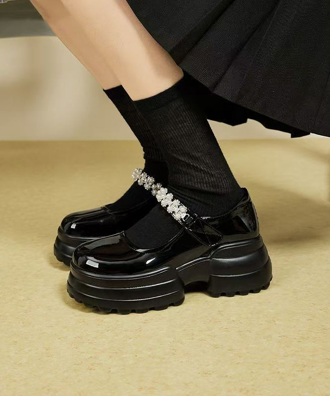 2025 New Platform Loafers Black Faux Leather Buckle Strap Zircon