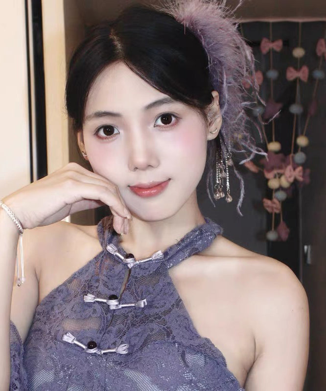 2025 New Purple Alloy Feather Beading Tassel Hairpin