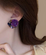 2025 New Purple Alloy Zircon Floral Stud Earrings