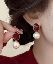 2025 New Red Copper Overgild Pearl Drop Earrings
