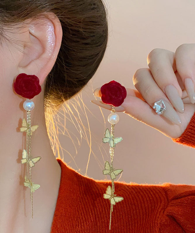 2025 New Red Copper Overgild Pearl Velvet Floral Butterfly Tassel Drop Earrings