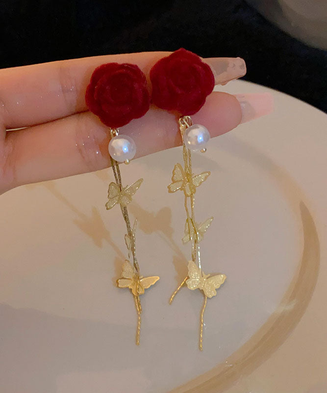 2025 New Red Copper Overgild Pearl Velvet Floral Butterfly Tassel Drop Earrings