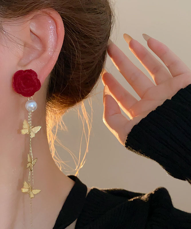 2025 New Red Copper Overgild Pearl Velvet Floral Butterfly Tassel Drop Earrings