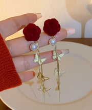 2025 New Red Copper Overgild Pearl Velvet Floral Butterfly Tassel Drop Earrings