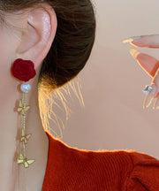 2025 New Red Copper Overgild Pearl Velvet Floral Butterfly Tassel Drop Earrings