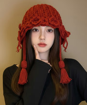 2025 New Red Flower Warm Versatile Tassel Knitted Hat