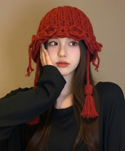 2025 New Red Flower Warm Versatile Tassel Knitted Hat