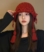 2025 New Red Flower Warm Versatile Tassel Knitted Hat