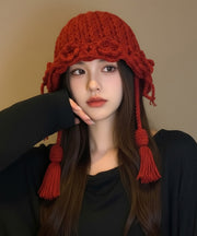 2025 New Red Flower Warm Versatile Tassel Knitted Hat