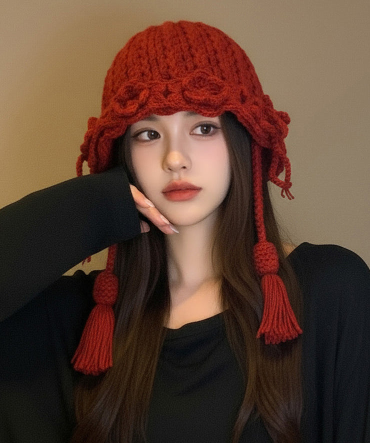 2025 New Red Flower Warm Versatile Tassel Knitted Hat