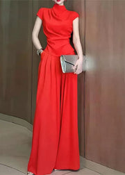 2025 New Red Turtleneck Top And Wide Leg Pants Two Pieces Set Short Sleeve