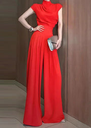2025 New Red Turtleneck Top And Wide Leg Pants Two Pieces Set Short Sleeve