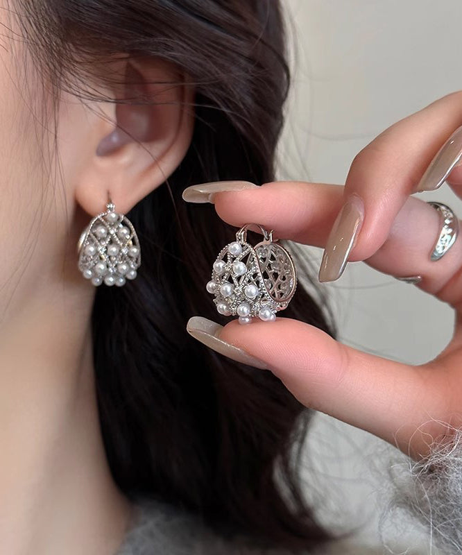 2025 New Silk Copper Alloy Hollow Out Pearl Hoop Earrings