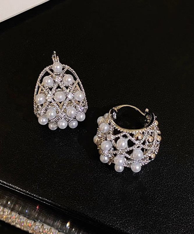 2025 New Silk Copper Alloy Hollow Out Pearl Hoop Earrings