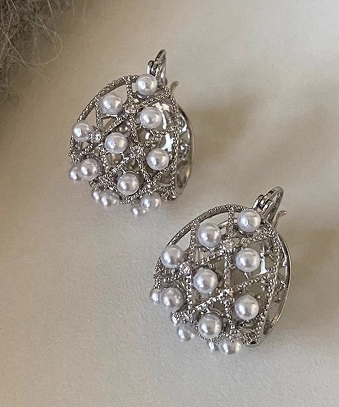 2025 New Silk Copper Alloy Hollow Out Pearl Hoop Earrings