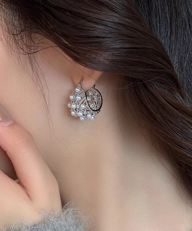 2025 New Silk Copper Alloy Hollow Out Pearl Hoop Earrings