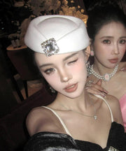 2025 New Style French White Zircon Woolen Beret Hat