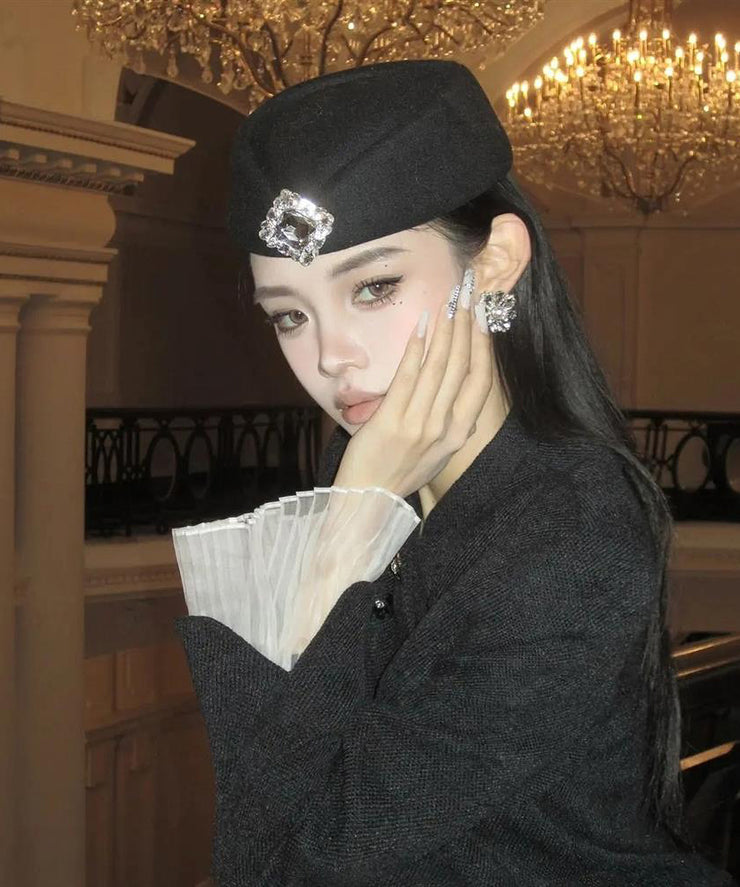 2025 New Style French White Zircon Woolen Beret Hat